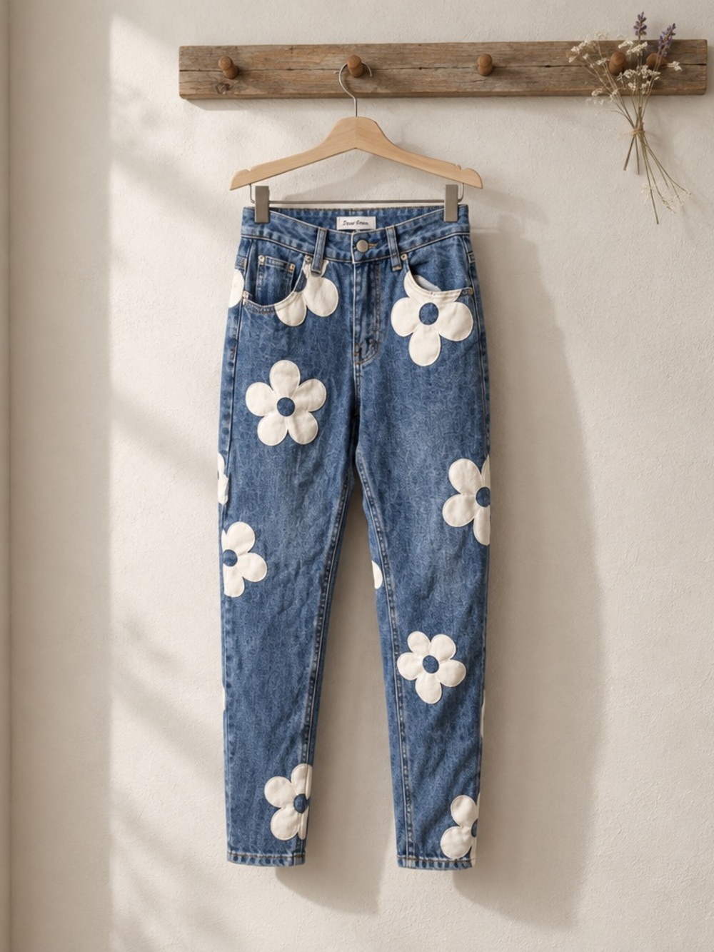 Angel Kiss High-Rise Blue Denim Jeans with White Daisy Appliqués